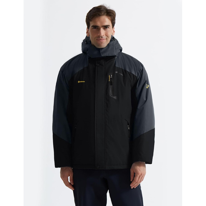 Чоловіча зимова куртка GEMYSE для катання на лижах, тепла, непродувна, водонепроникна, дихаюча, з багатьма кишенями, чорно-сіра, XXL