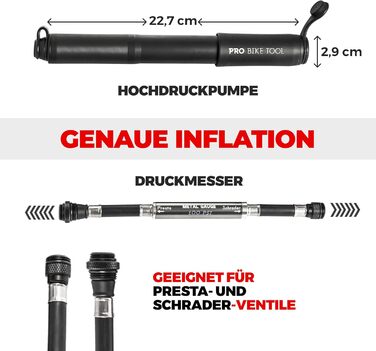 Міні-насос для велосипеда PRO BIKE TOOL з манометром: Presta та Schrader клапани, тиск до 6.9 Bar, легкий, для шосе, MTB, 22.8x7x3 см, чорний матовий