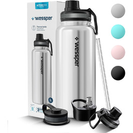 Wessper термос із нержавіючої сталі 1 л, герметична, BPA Free, 3 кришки, срібляста, пляшка для води для спорту, дітей і дорослих, для кемпінгу, велосипеда, outdoor