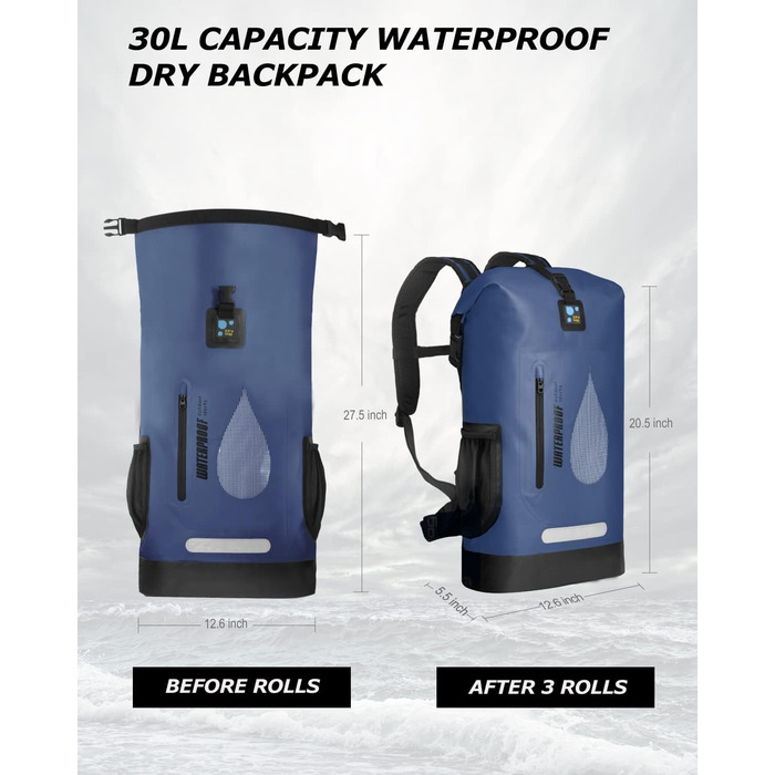Водонепроникний рюкзак IDRYBAG 30L: для каякінгу, кану, кемпінгу та подорожей (синій)