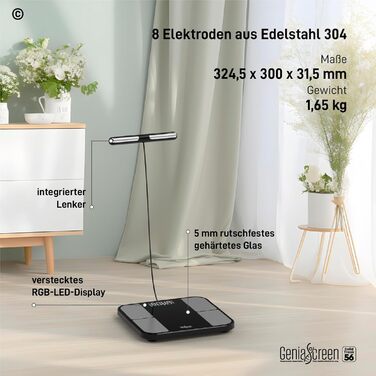 Вага для вимірювання жиру в тілі GeniaScreen SolidTrack - розумна вага з Bluetooth, LED-дисплеєм, 56 вимірювань, 180 кг, скло