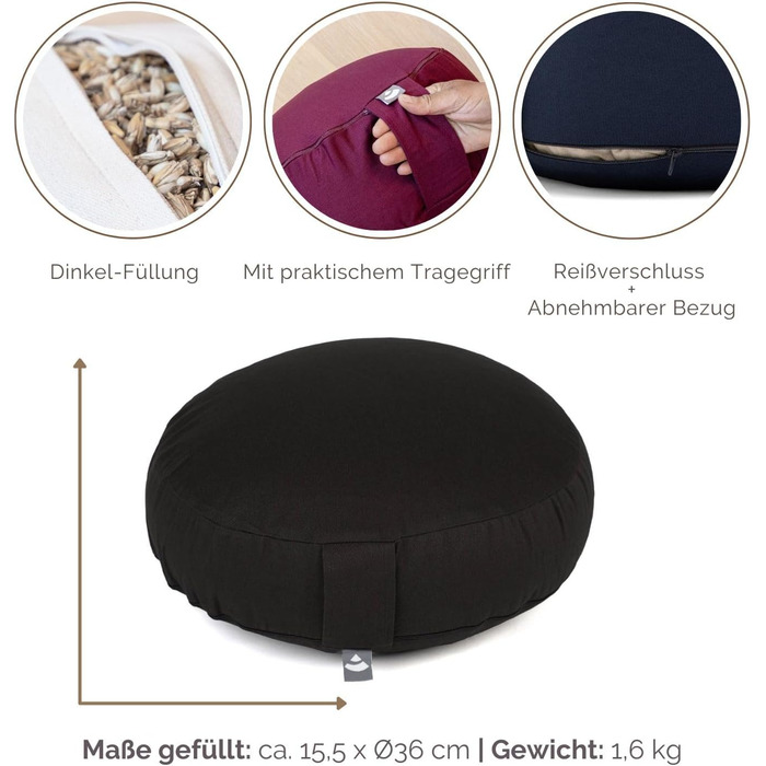 Подушка для медитації Bodhi Rondo ECO extra flat чорна: з органічною гречаною лузгою, бавовняний чохол, висота 15.5 см, з ручкою для перенесення