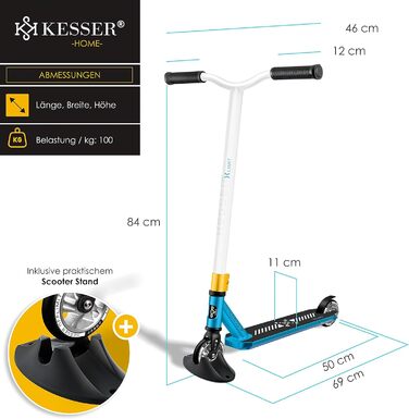 Трюковий самокат KESSER X-Limit-Pro 360° з підніжкою, підшипники ABEC 9, 110 мм PU колеса, для дітей і дорослих, Petrol Blue/White
