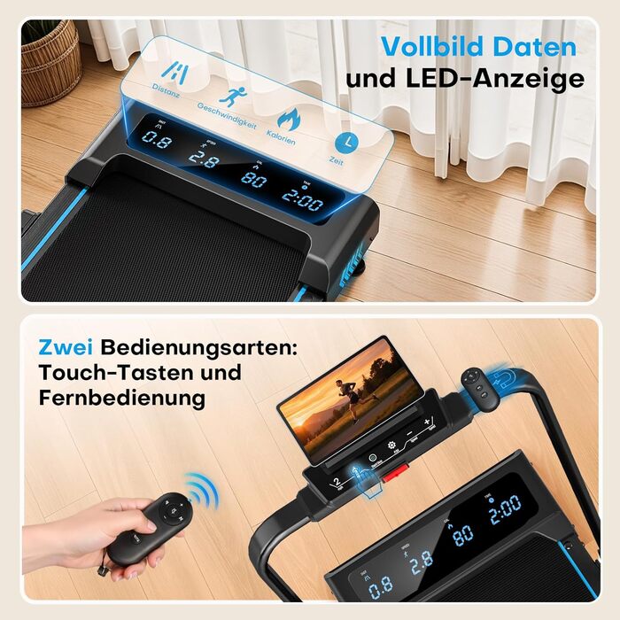 Біговий тренажер для дому 5-в-1, 12 км/год, складаний, з підйомом 9%, 2.75HP безщітковий мотор, LED-дисплей, сумісність з додатком, 12 програм, чорно-синій, 5-в-1