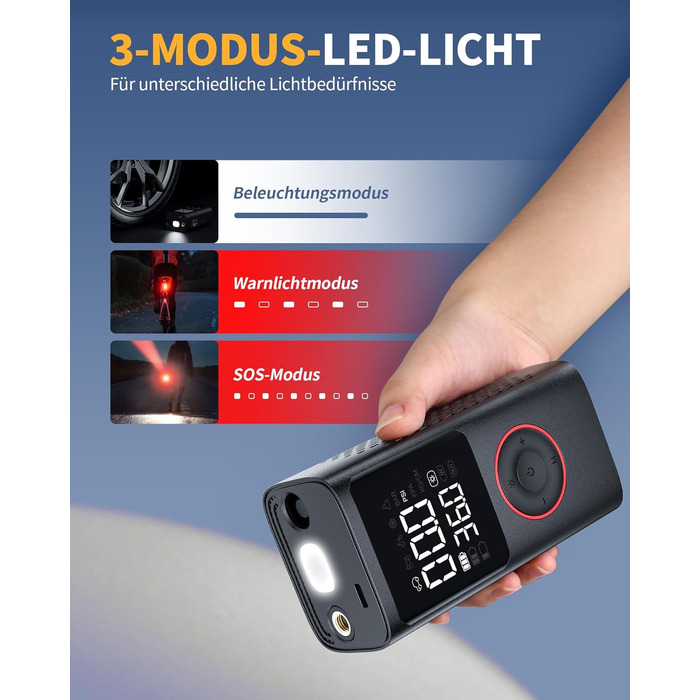 Бездротова електрична повітряна помпа Powools 150PSI з LED-ліхтариком та автостопом, акумуляторна помпа для велосипеда, електровелосипеда, авто, мотоцикла, м'ячів, чорна