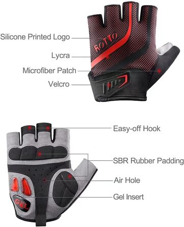 Велосипедні рукавички ROTTO напівпальцеві унісекс з гелевою амортизацією для MTB, шосе, фітнесу, даунхілу, чорно-червоні, розмір M