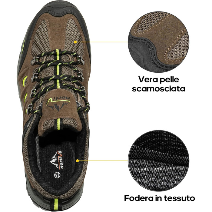 Чоловічі водонепроникні трекінгові черевики NORTIV - легкі, для хайкінгу та кемпінгу (43 EU, широка колодка, чорний, коричневий, жовтий, замша)