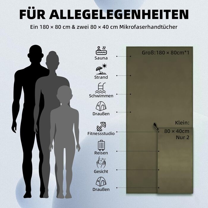 Набір рушників Damoguin 3 шт. з мікрофібри (великий 180x80 см, 2 шт. малий 80x40 см) - спортивні, пляжні, для подорожей (армійний зелений)