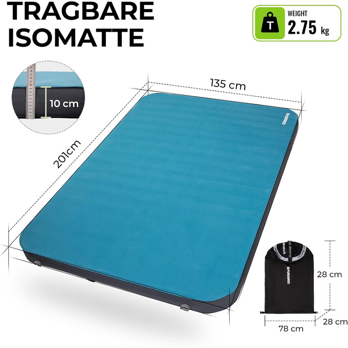 Килимок для кемпінгу Fundango самонадувний, 10 см, R-значення 9.5, Memory Foam, 3D-підсилення, для намету, авто, подорожей (подвійний)
