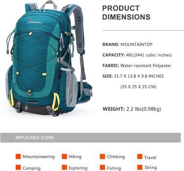 Рюкзак для туризму MOUNTAINTOP 40L з дощовиком, чоловічий/жіночий, для походів, кемпінгу, подорожей, 55x35x25 см
