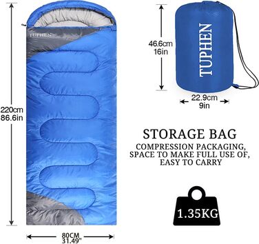 Спальний мішок 3-4 сезони для дорослих та дітей, блакитно-сірий. Легкий, водонепроникний, компактний для кемпінгу та подорожей. Розмір 219.9 x 79.9 см