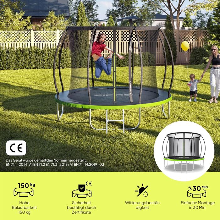ZIPRO JumpPro Premium Трамплін для дітей Outdoor, садова модель з сіткою, захист від УФ, водостійкий, проста збірка, вантажопідйомність до 150 кг, діаметр 252/312/374/435/496 см