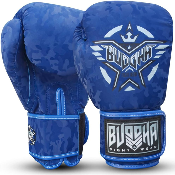 Боксерські рукавички BUDDHA FIGHT WEAR 14 oz для Муай Тай та кікбоксингу, армійський синій, штучна шкіра, антизапах, посилені шви