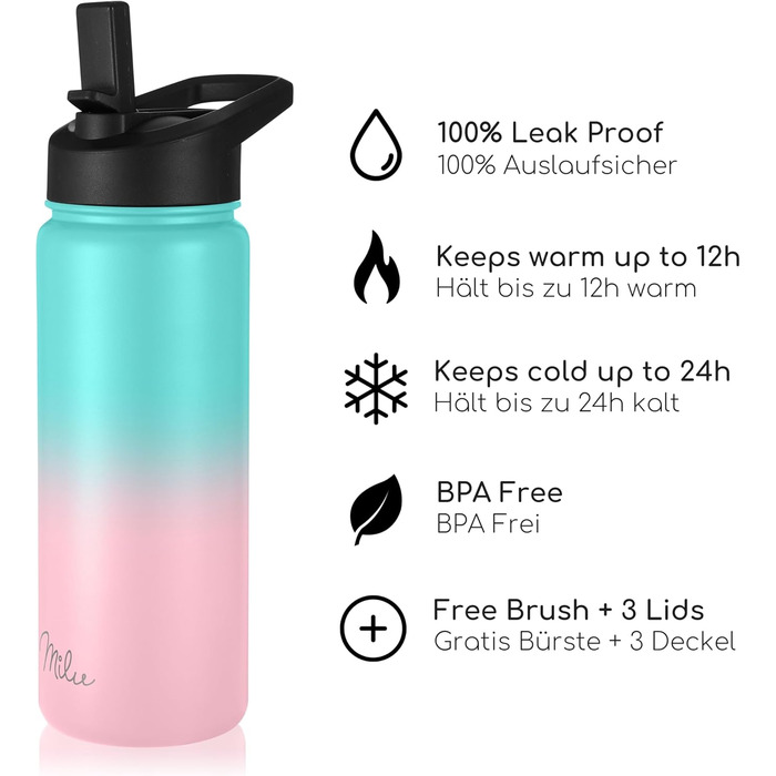 Термофляга Milu з нержавіючої сталі 500мл, 750мл, 1л (+3 кришки) з трубочкою, подвійні стінки, ізольована, для газованої води (М'ятно-рожевий)