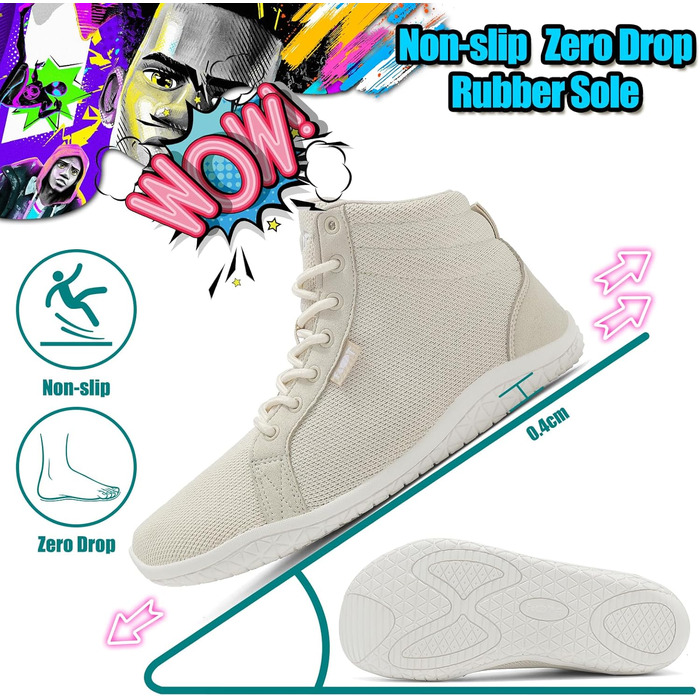 Босижні кросівки хай-топ для чоловіків та жінок. Широкі, легкі, зручні босижні кросівки для ходьби, трейлраннінгу, фітнесу. Zero Drop підошва, антиковзаюча, білі (47 EU, світло-хакі)