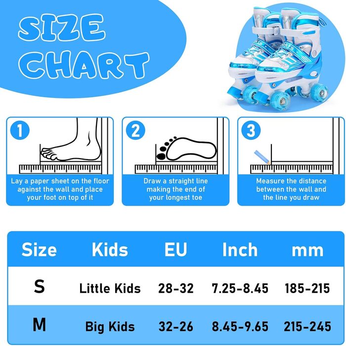 Дитячі ролики Kinder Rollschuhe для дівчаток та хлопчиків, регульовані, 8 коліс зі світлом, роликові ковзани для малюків, початківців, для використання в приміщенні та на вулиці (M (EU32-36), Bleu)