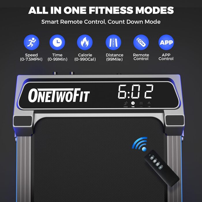 ONETWOFIT Ходункова доріжка, біговий тренажер для дому з ручками, регульований нахил, керування з пульта та через додаток, 2.5HP, складаний, 12km/h