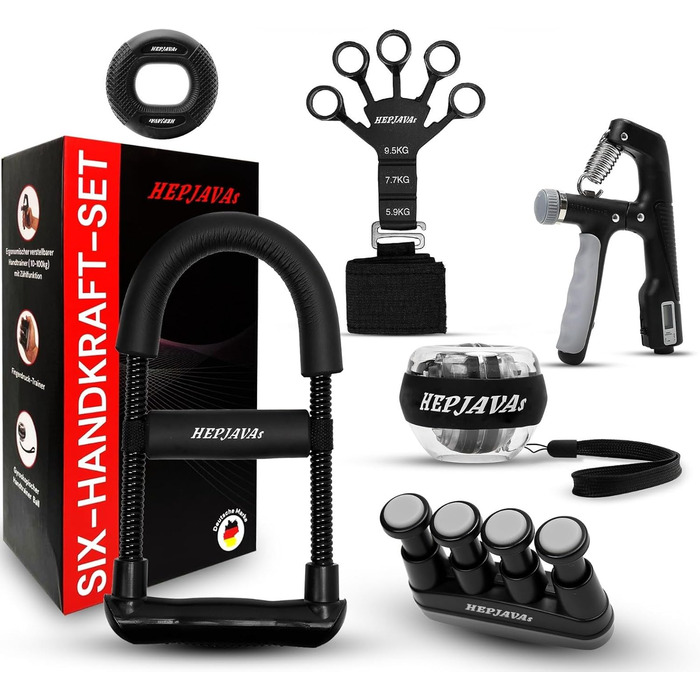 Набір для тренування рук HEPJAVA 6-в-1: тренажер пальців, хвату, передпліччя, гіроскопічна кулька, кільце для хвату, розтягувач пальців. Ідеально для силових тренувань та реабілітації