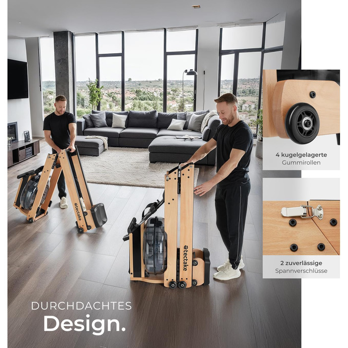 Гребний тренажер tectake з водяним опором та пульсоміром, складаний дерев'яний симулятор веслування для дому, до 150 кг