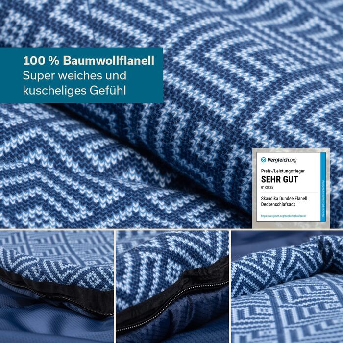 Спальний мішок Skandika Dundee Flanell: бавовна, преміум-якість, з'єднується, двомісний, 3 сезони, до -20°C, 220 x 80/160 см, Outdoor, Indigo, для кемпінгу
