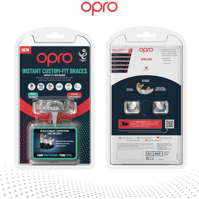 Капа для фіксованих брекетів OPRO – захист для боксу, єдиноборств, MMA, хокею та регбі – для дорослих та дітей від 10 років – прозора