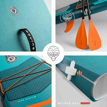 Надувний SUP дошка Movino Stand Up Paddle Board 350 см - 2в1 SUP/Каяк - до 165 кг, комплект з аксесуарами, Welded Rail, 15 PSI (Блакитний-Помаранчевий)