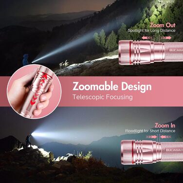 Ліхтарик LED BUCASA, 2000 люмен, 3 режими, 2 шт. Зоомирующийся, водонепроникний, для кемпінгу та туризму (рожевий)