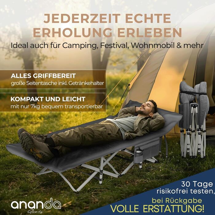 Розкладне ліжко Ananda Goods® для кемпінгу та гостей з матрацом – 190x70 см, карпове ліжко, туристичне ліжко, ліжко з бавовняно-льоновій матрац та простирадлом