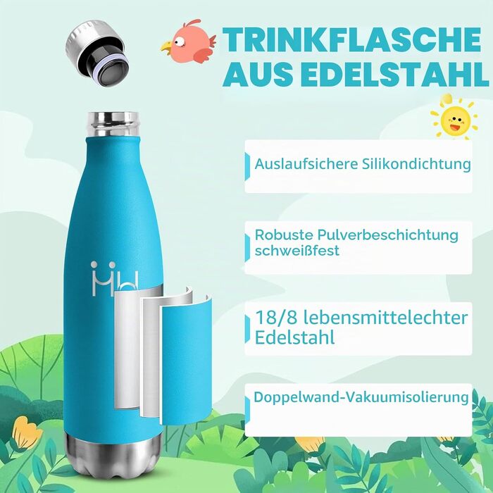 Термопляшка HoneyHolly з нержавіючої сталі 500 мл, блакитна — герметична спортивна пляшка для води, спортзалу та велосипеда, без BPA