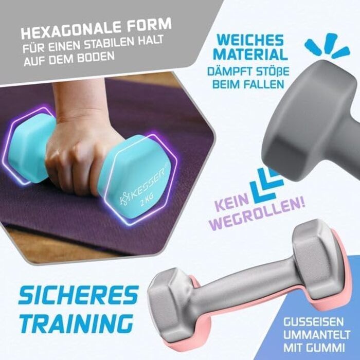 Набір гантелей KESSER® 12 кг з підставкою, 3 пари (1-5 кг), нековзкий неопрен, з інструкцією та фітнес-гумками