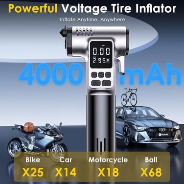 Електричний портативний компресор Bwaliffury 150 PSI, міні-насос з LED-ліхтарем і молотком безпеки, 5 режимів, для авто, мотоцикла, велосипеда
