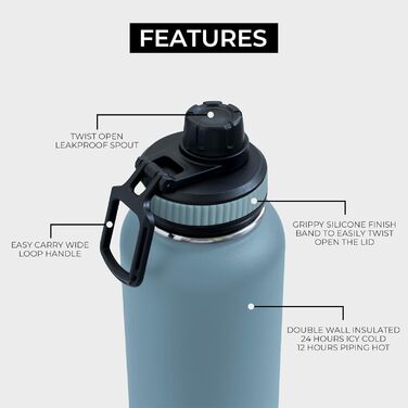 Термос-пляшка BOZ з нержавіючої сталі, вакуумна, широка горловина, BPA-free, спортивна пляшка 1 л, для води гарячої та холодної, синя для фітнесу