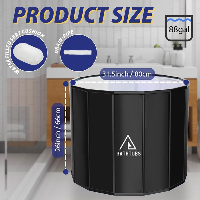 Портативна складана ванна для дорослих STARBRILLIANT (80x66 см) — крижана ванна для відновлення м'язів, SPA та загартовування, чорна, розмір L