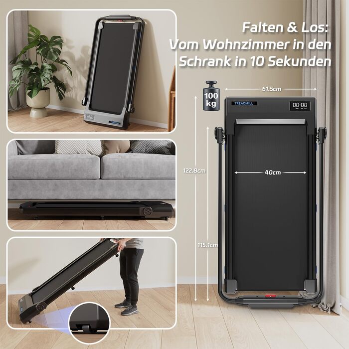 JUMMICO Ходункова доріжка для дому, складана, з робочим столом, ширина доріжки 40 см, швидкість 1-12 км/год, тримач для планшета, з додатком та магнітною пульт дистанційного керування