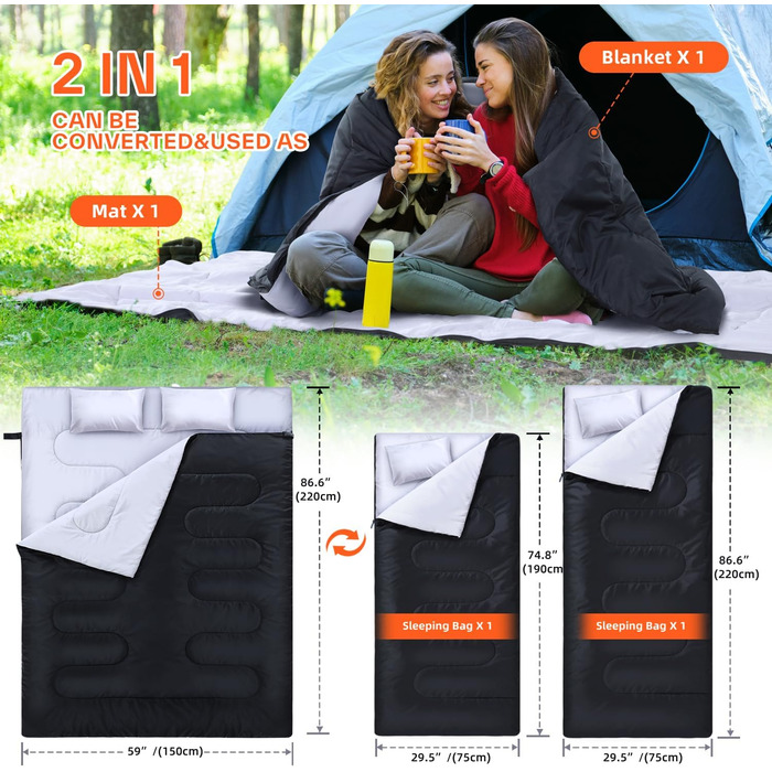 Спальний мішок на дво персони Ohuhu 220x150 см, чорний, для кемпінгу, подорожей, сімейного відпочинку та фестивалів