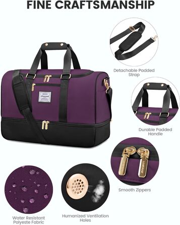 Спортивна сумка LOVEVOOK для подорожей: 37L, з культ. сумкою, відділенням для взуття та мокрих речей. Ідеальна для спортзалу, йоги, подорожей та авіаперельотів. Чорно-фіолетовий колір.