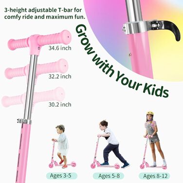 Белеїв V2 Роликовий Самокат для Дітей 6 років, з LED-підсвічуванням, Регульована Ручка та Платформа, Задній Гальма, Складаний Самокат для Дівчаток та Хлопчиків 3-12 років (Світло-рожевий)