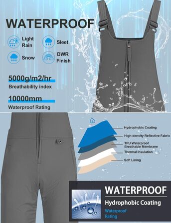 Жіночі гірськолижні штани GEMYSE, водонепроникні, вітронепроникні, з регульованими лямками, комбінезон для холодної погоди (XL, сірий)