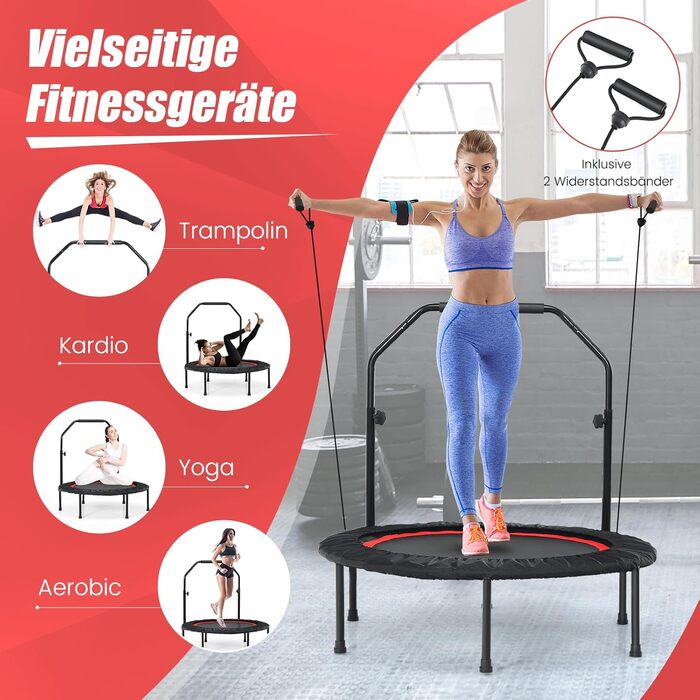 Фітнес-батут COSTWAY 101 см з регульованою ручкою та 2 еластичними стрічками, складаний батут для дорослих та дітей, витримує до 150 кг, червоний