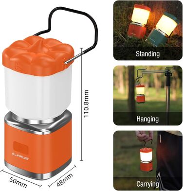 KLARUS CL8 Mini Camping-ліхтар: перезарядна LED-лампа з 5 режимами, водонепроникна IPX5, з гачком для намету, оранжева