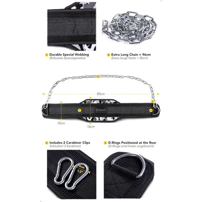 Пояс для підтягувань Fitgriff® з ланцюгом та 2 карабінами, для бодібілдингу, силових тренувань, важкої атлетики. Універсальний розмір (камуфляж)