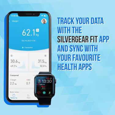 Преміум вага-аналізатор Silvergear® з Bluetooth та додатком, для аналізу складу тіла: вимірювання жиру, ІМТ, м’язової маси, води, кісткової маси, BMR і пульсу, чорна