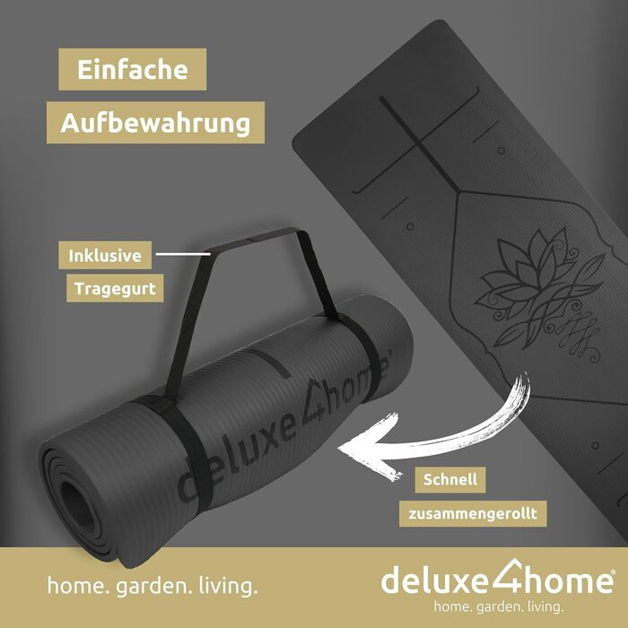 Йога мат для занять спортом | Deluxe4Home® - неслизька фітнес-мат з ручкою для перенесення | для йоги та пілатесу | чорна тренувальна мат з розміткою