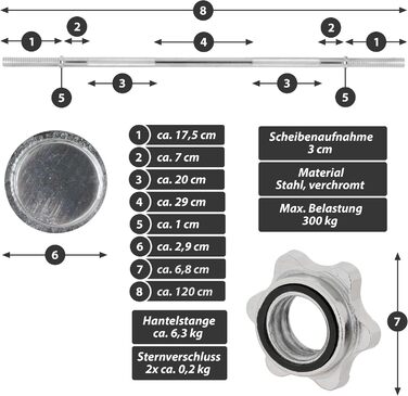 MAXXIVA штанга 120 см, силова, хромована, зірковий замок, для фітнесу, бодібілдингу, важкої атлетики