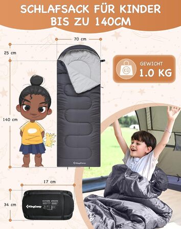 Спальний мішок для дітей KingCamp - легкий, теплий, 3-4 сезони, для кемпінгу та піших прогулянок (сірий, L)