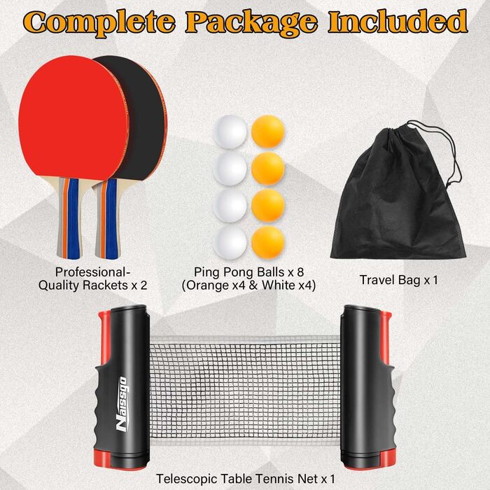 Набір для настільного тенісу Profi: 2 ракетки, сітка, 8 м'ячів, сумка. Підходить для гри в приміщенні та на вулиці. Чорний колір