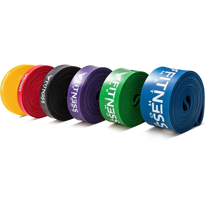 Еластичні гумки для фітнесу - набір 6 шт. / окремо з сумкою та інструкцією. Тренування вдома, тяга, фітнес-гумки (жовтий, червоний, чорний, фіолетовий, зелений, синій)