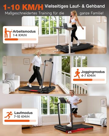 Складане бігове доріжки 4-в-1 з ручним нахилом 9%, тихий електричний біговий тренажер до 10 км/год, безщітковий двигун 3.0 PS, амортизація, LED-дисплей, компактний, для дому та офісу