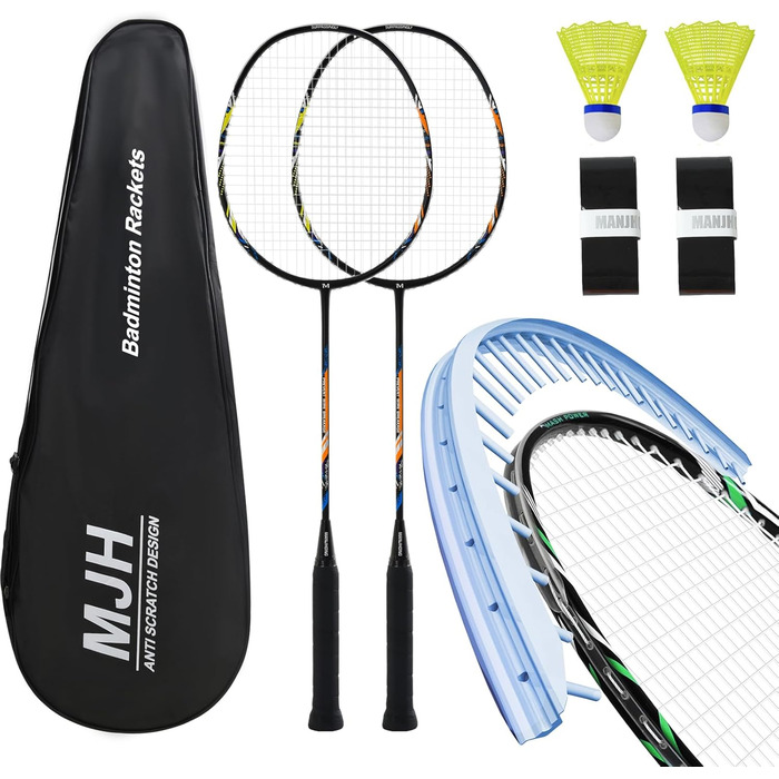 Набір для бадмінтона з 2 графітовими ракетками - зносостійкий дизайн - комплект включає: м'ячики, обмотка для ручки, сумка для ракеток. Чорний, 2 шт.