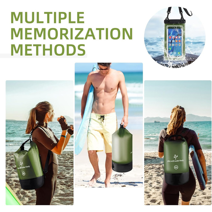 Водонепроникний мішок-сумок Dry Sack 20 л Roll-Top від GES, з кишенею для телефону, для каякінгу, човнів, походів, каное, рафтингу, плавання, кемпінгу та риболовлі (армійний зелений)